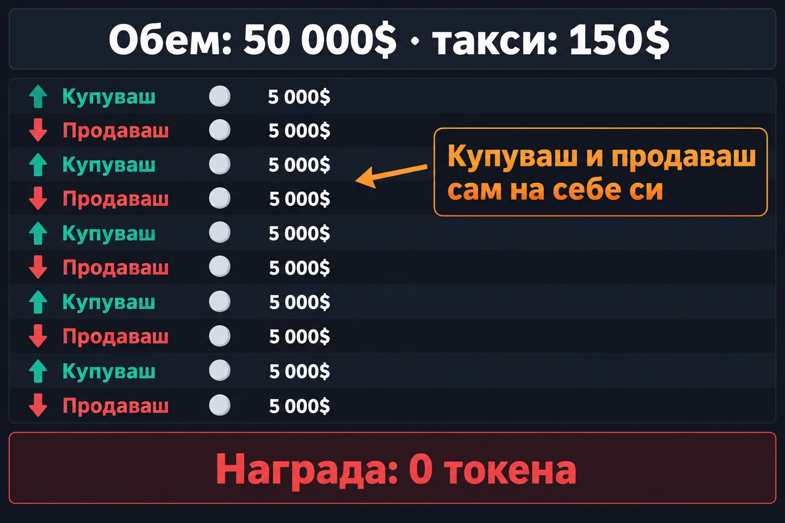 История на сделките: 50 000$ обем, въртян сам със себе си, 150$ такси и нула токени накрая