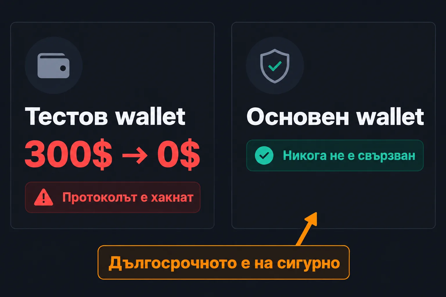 Тестовият wallet с 300$ губи при хака, основният не е свързван