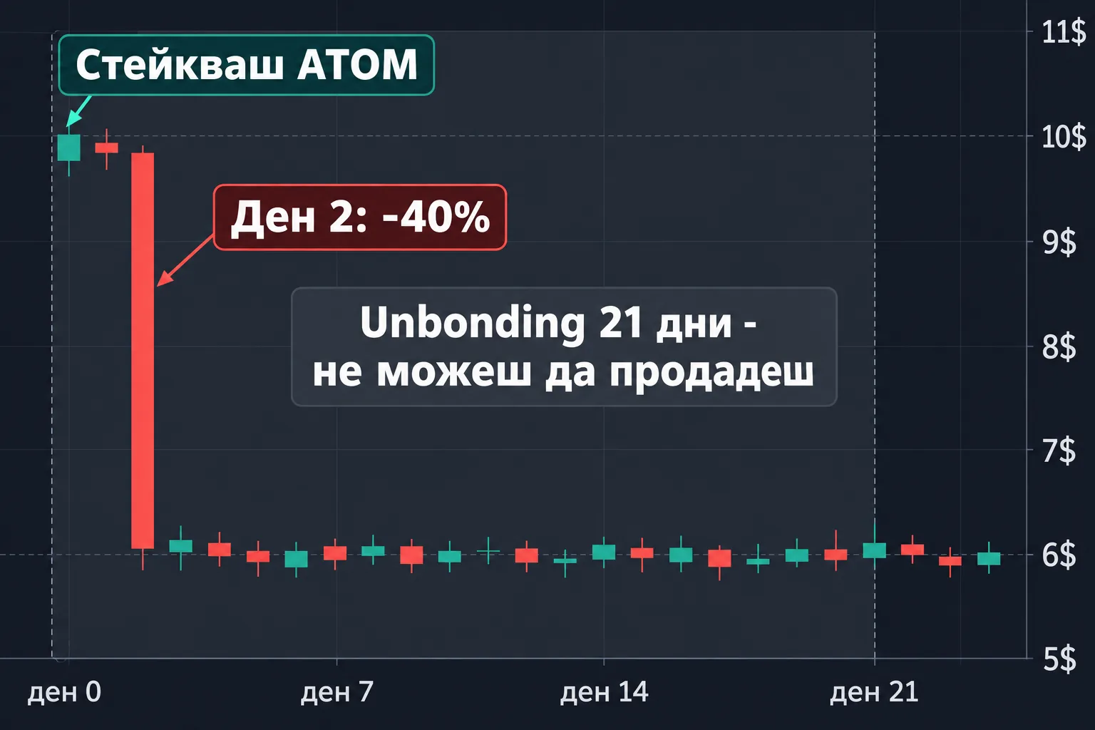 ATOM пада с 40% на втория ден, докато тече unbonding от 21 дни