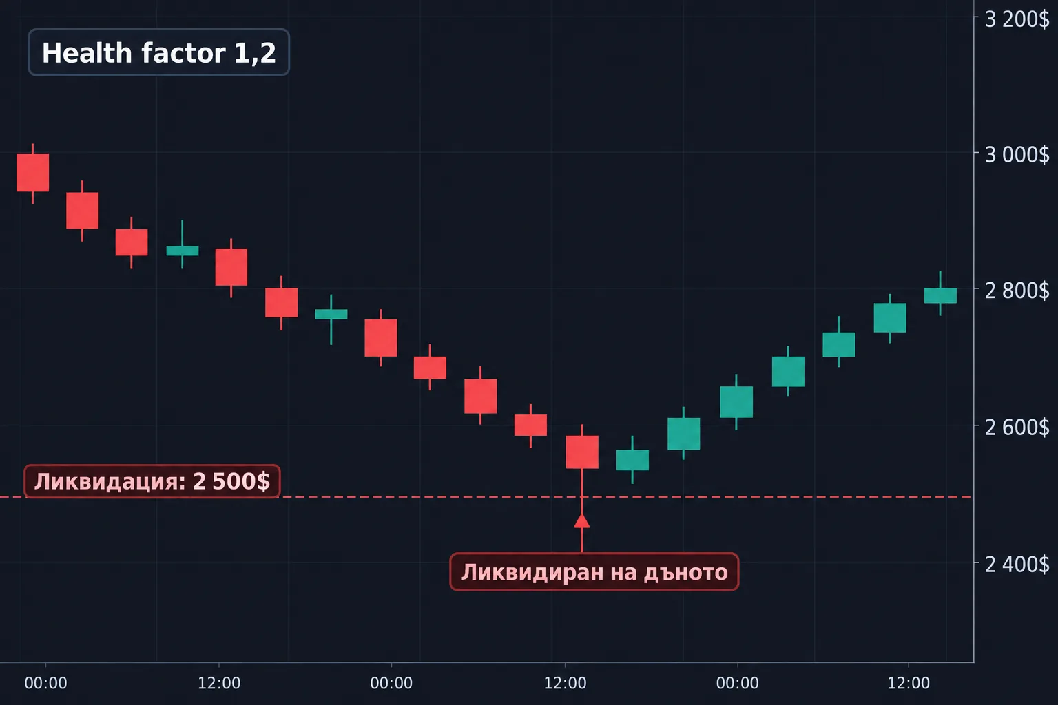 ETH пада от 3 000$ до 2 500$ и удря ликвидацията при health factor 1,2