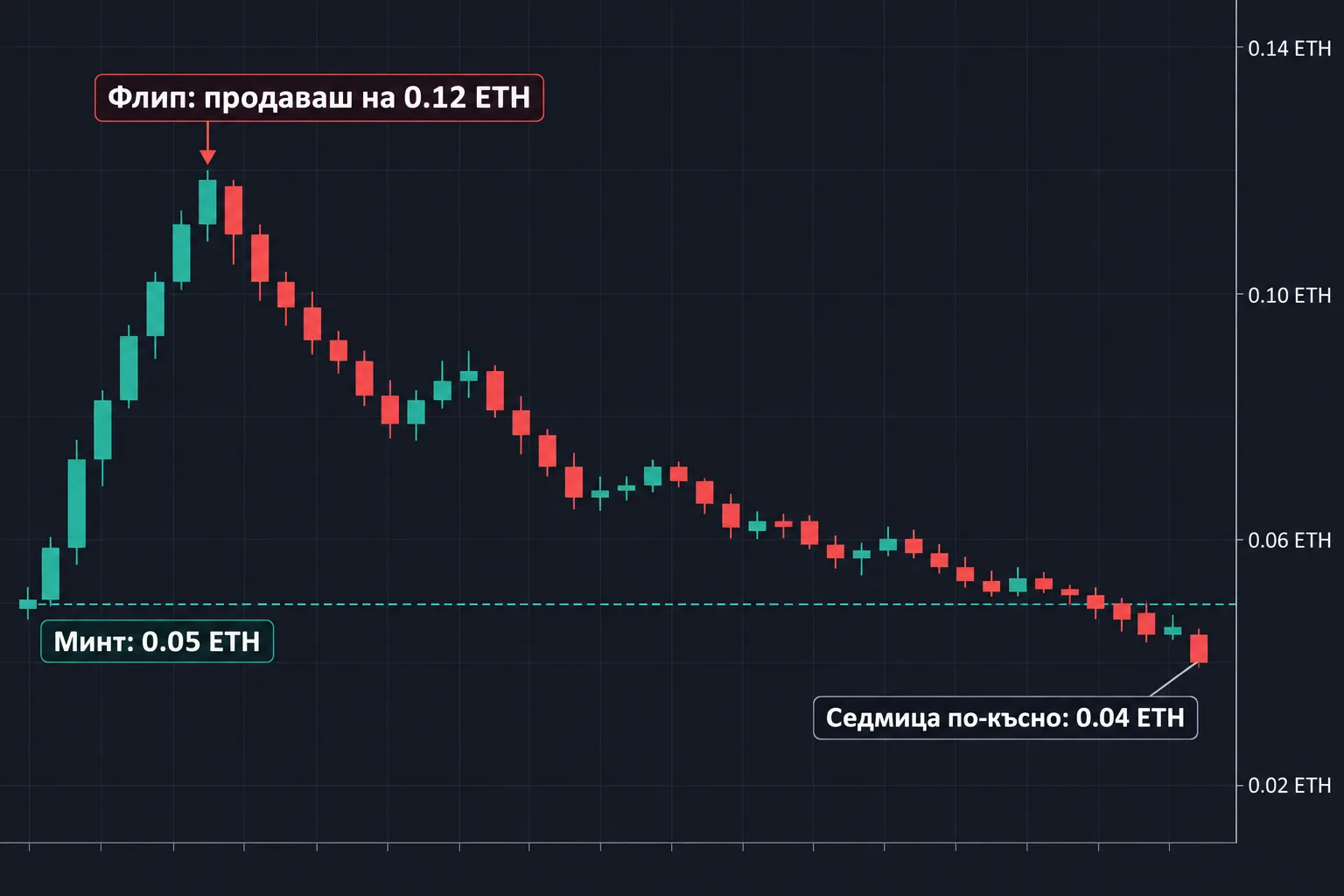 Графика на флора: минт за 0.05 ETH, флип на 0.12 ETH, седмица по-късно 0.04 ETH
