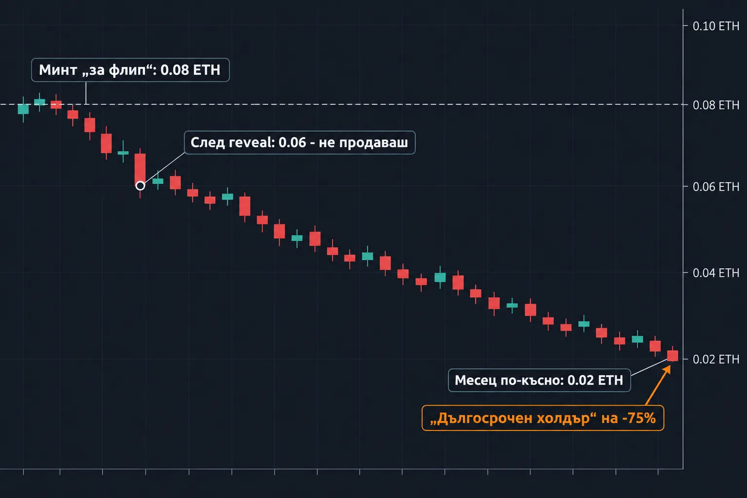 Графика на флора: минт за 0.08 ETH, след reveal 0.06, месец по-късно 0.02 ETH