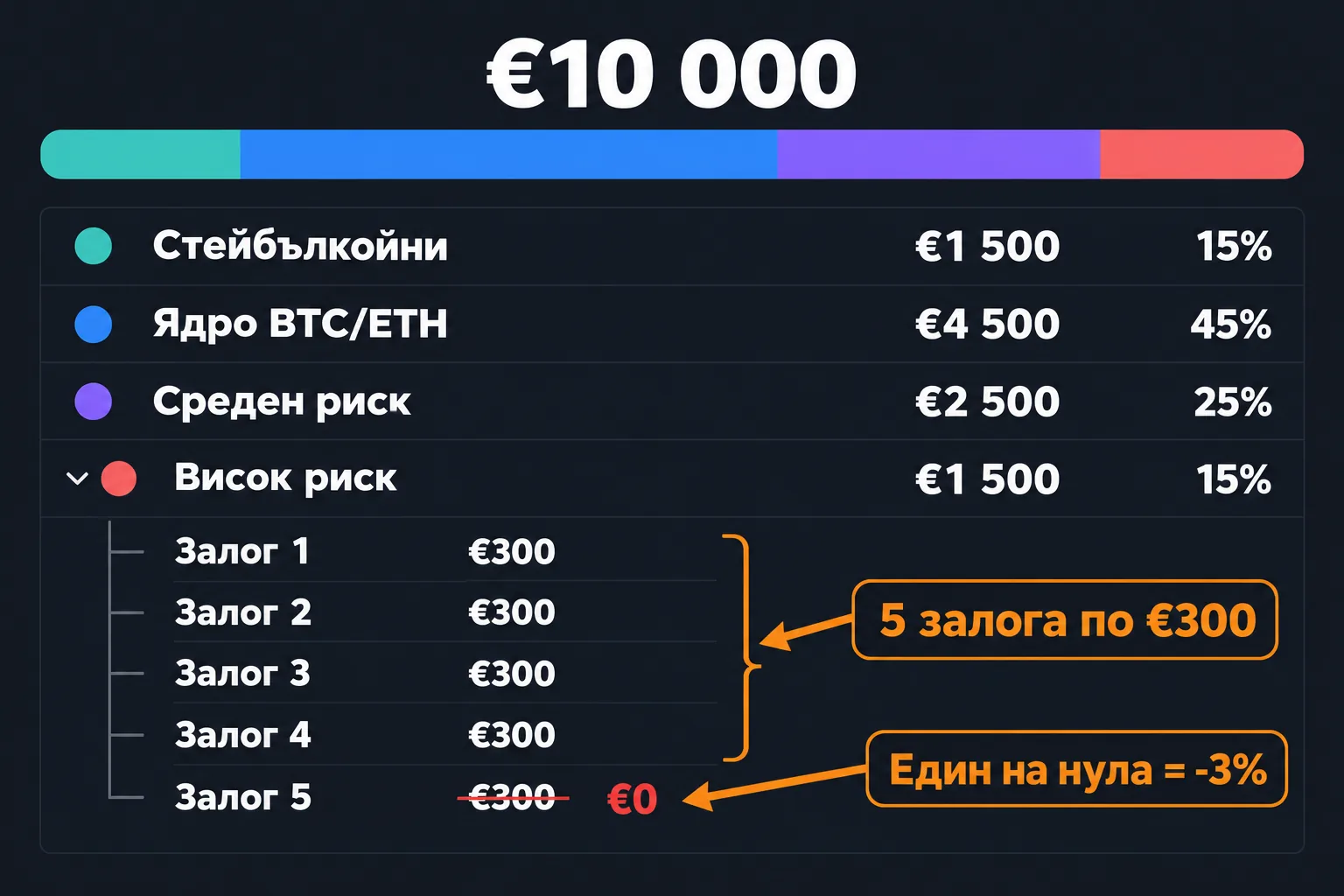 Портфолио от €10 000 по нива на риск и пет залога по €300